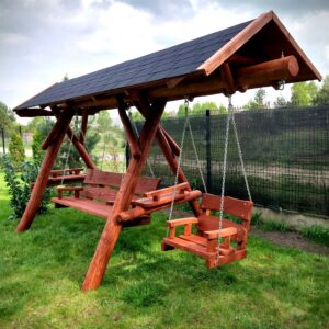 HUŚTAWKA Z DACHEM (GONT BITUMICZNY) + MAŁE SIEDZISKO